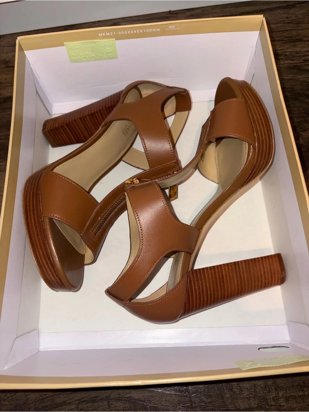 Michael Kors Tan Leather Platform T-Strap Sandals with Gold Zip